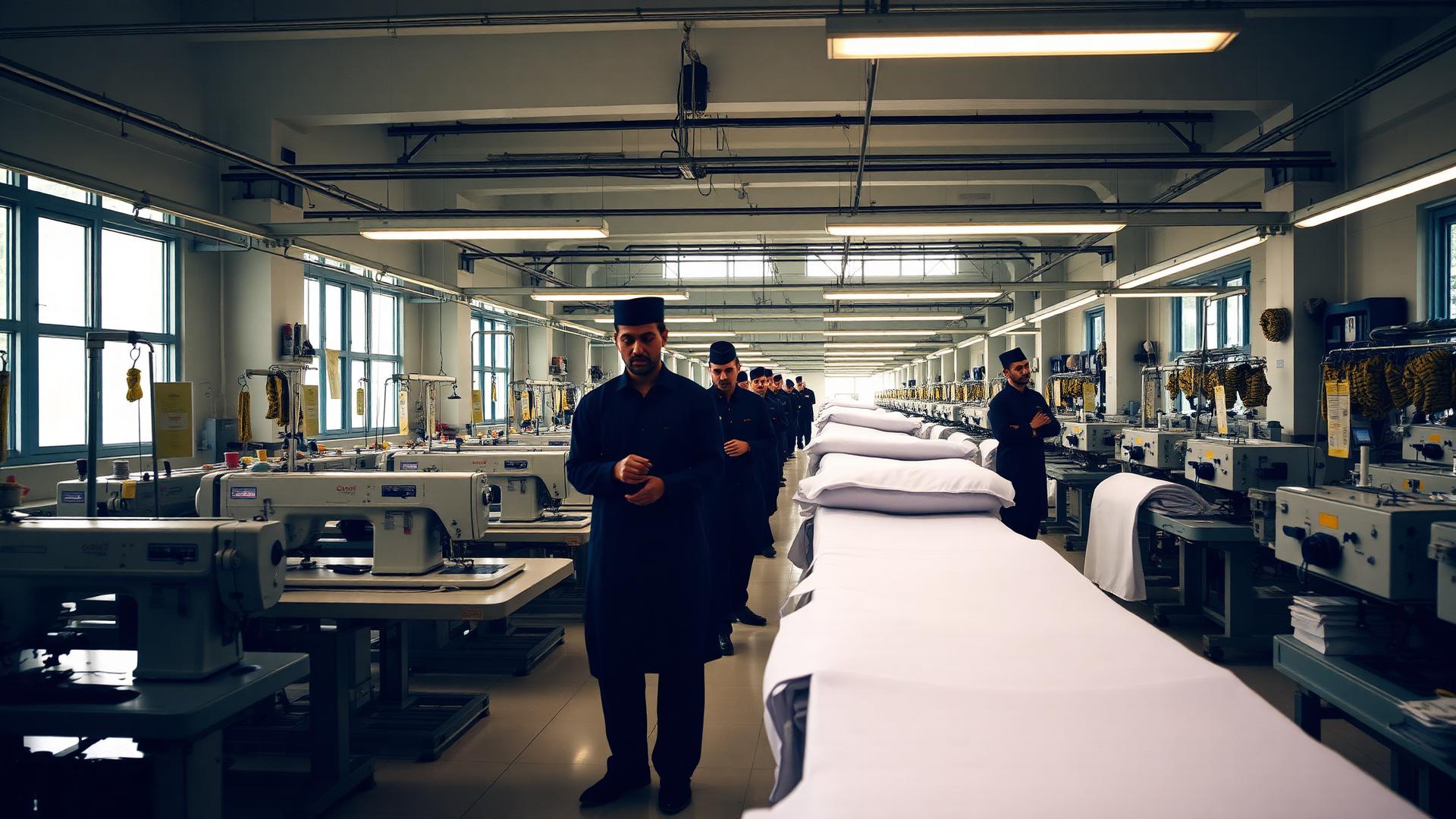 Modern Pakistani textile factory floor with garment production lines